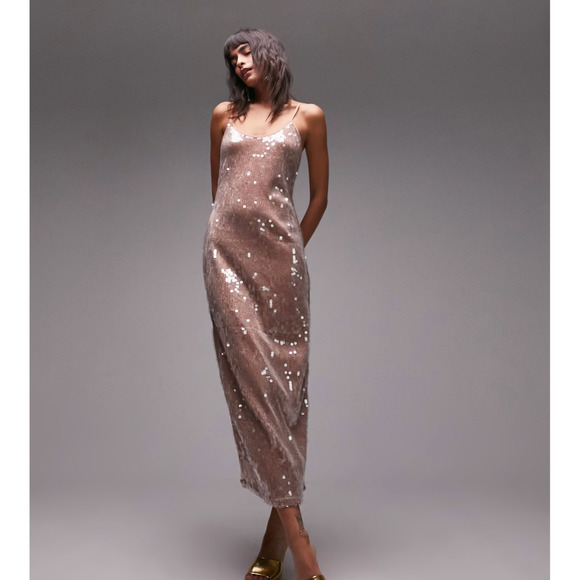 Topshop Nude Pink Sequin Cami Midi Maxi Slip Sleeveless Dress, size 6 - Picture 1 of 10